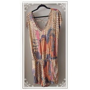 VENUS Coral~Gray & Tan Print Design Soft Knit Romper Sz Large